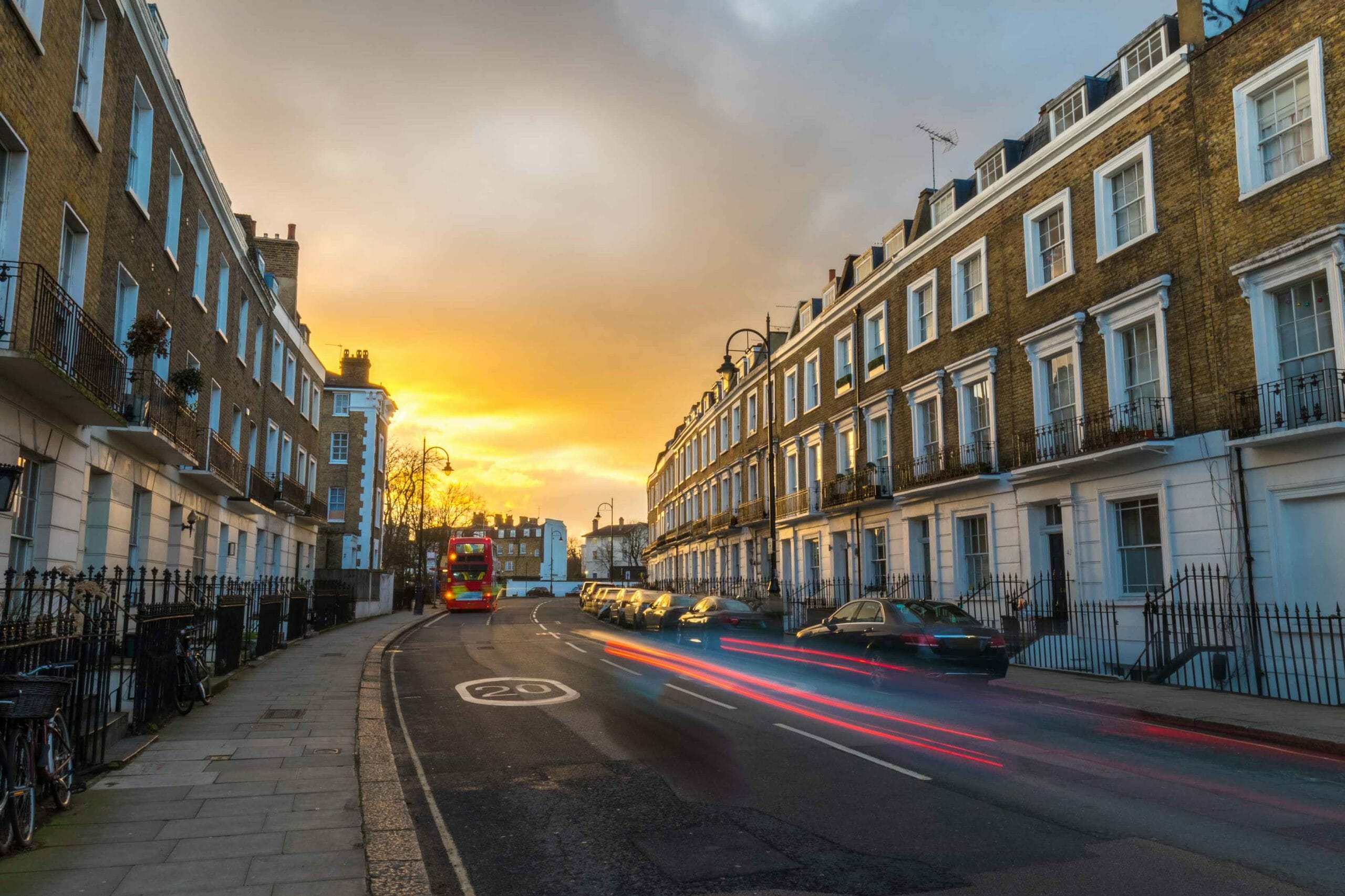 Row of houses in London at dusk